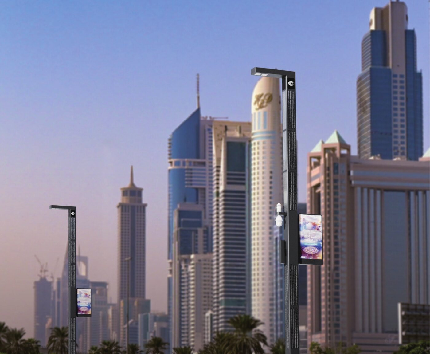 Smart solar poles with LED advertising screens and cameras along a city boulevard