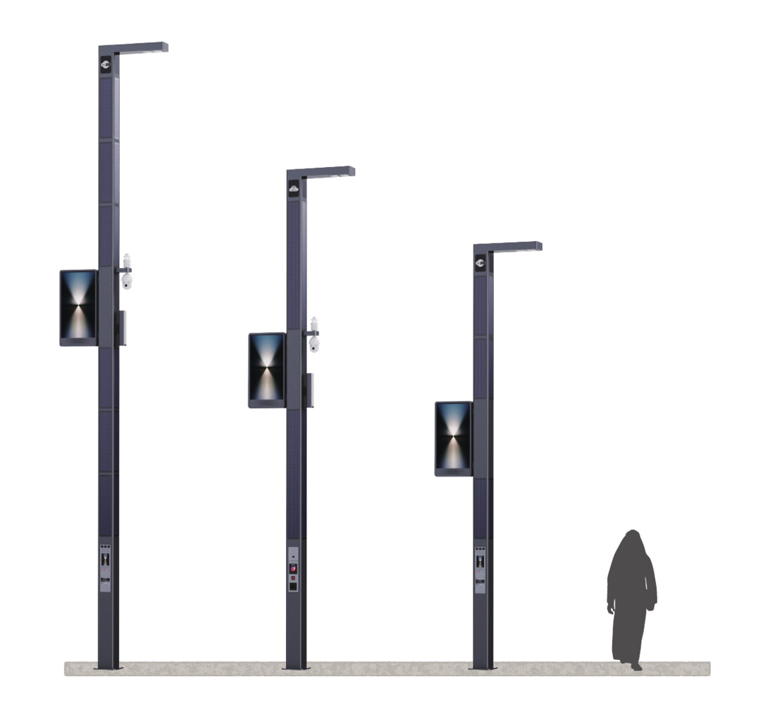 Three smart solar poles of varying heights shown to human scale