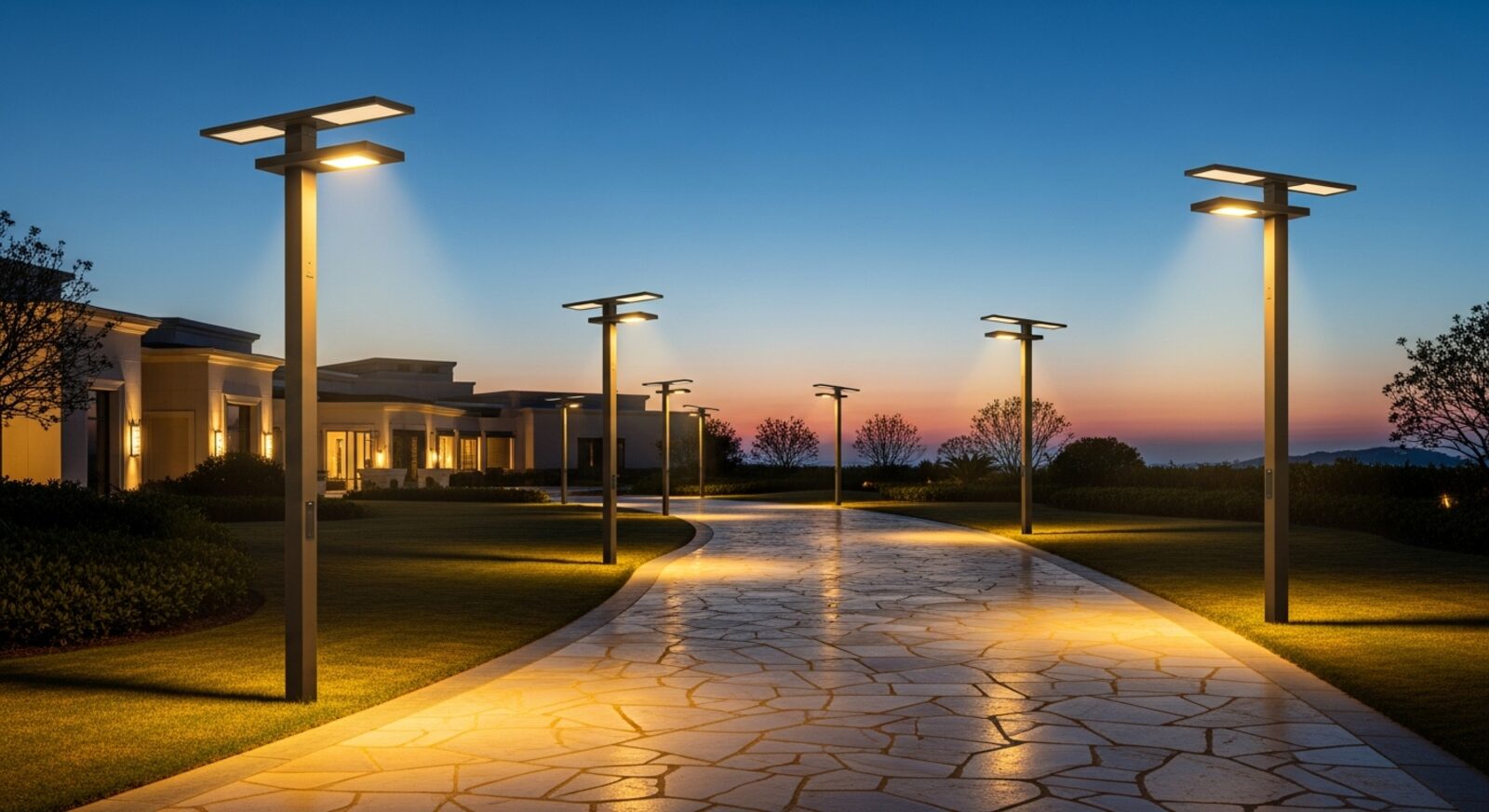 Luxury smart solar street lights at dusk